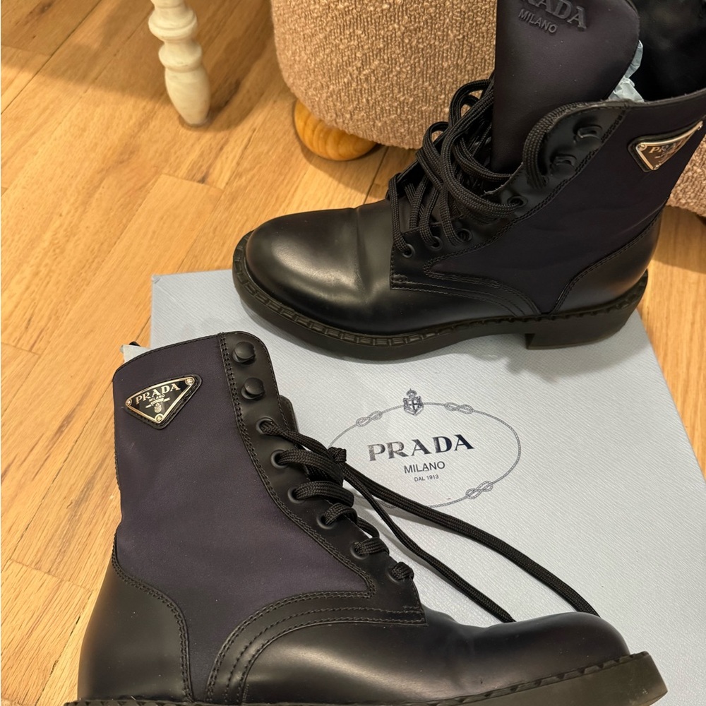 Prada Black/ Blue Leather and Re-Nylon Combat Boots (Size 37) - Picture 10 of 12
